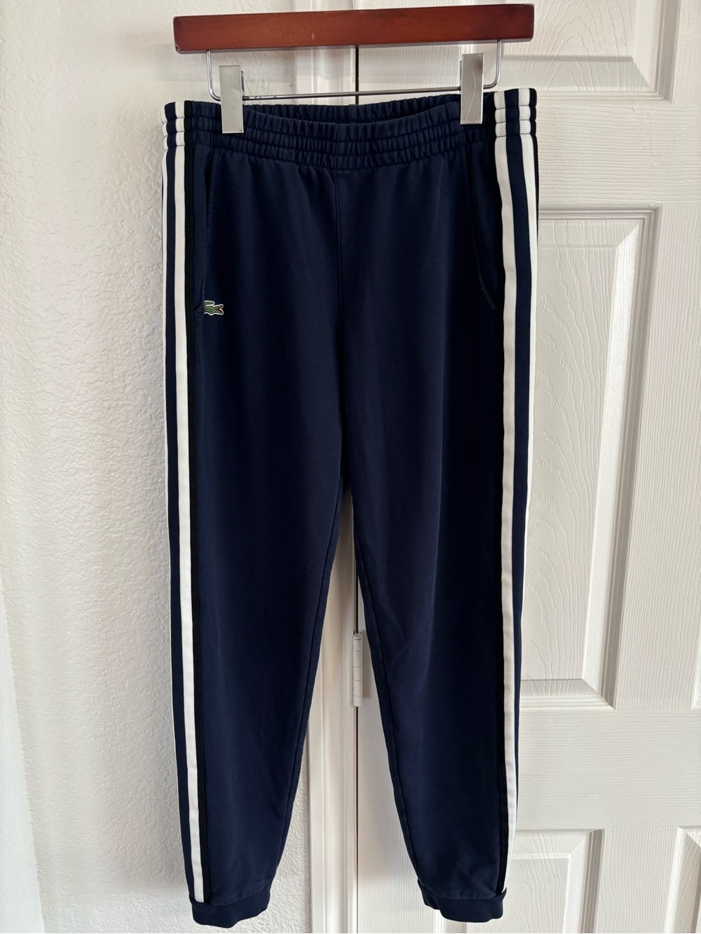 Lacoste Sweatpants Men’s Navy Blue Fleece Joggers Side Stripe Size S